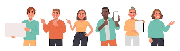 Set of happy people pointing to the side phone and tablet blank banner