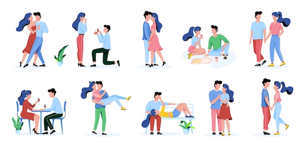 Set of happy romantic couple. Man and woman on the date, romantic relationship.  illustration 