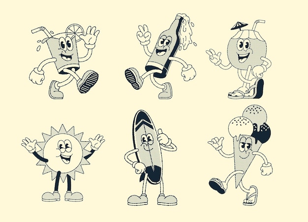 Vector set of happy summer mascot cartoon character