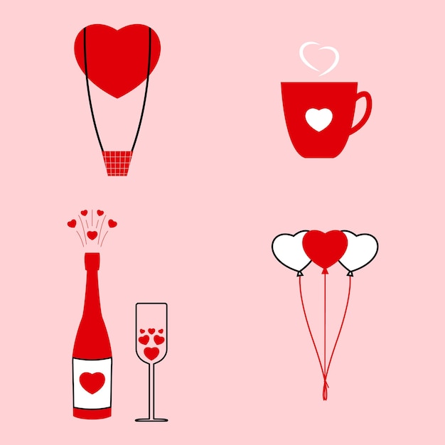 Set of Happy Valentines day elements Air balloon cup champagne and wineglass balloon