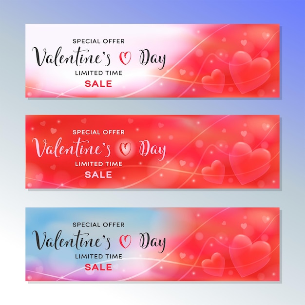 Set of Happy Valentines Day horizontal banners Shiny hearts For holiday brochure design