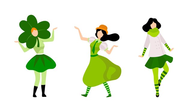 Vector set of happy young women in green irish national dress and hat saint patrick s day holiday celebration cartoon vector illustration