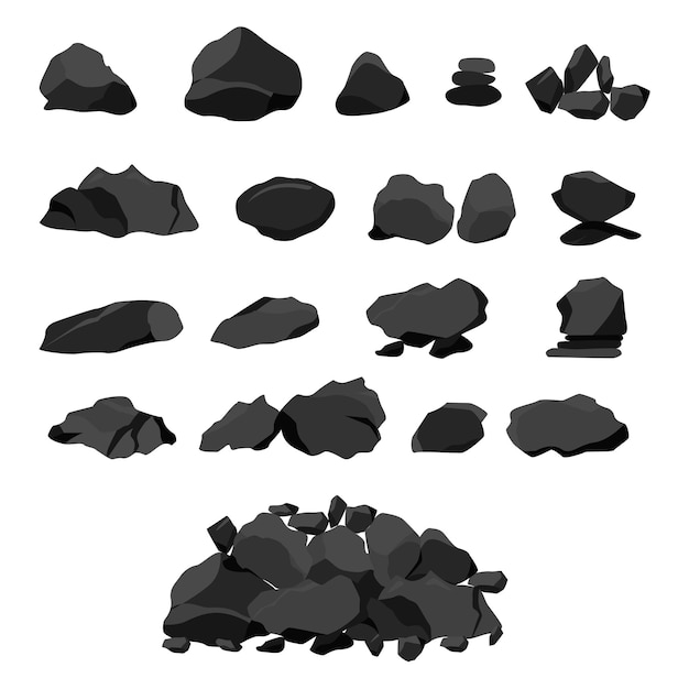 Set of hard coal Black stones in flat style Rock graphite coal vector illustration