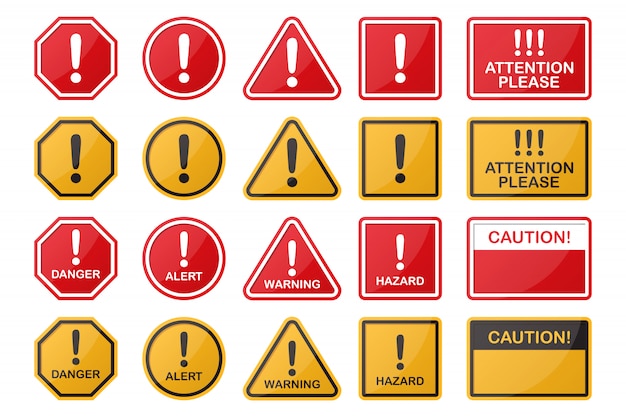 Set of hazard, danger, caution, warning sign icon in different shapes and color