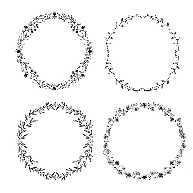 Set of hdraw  victory laurel  wedding flower wreaths for stationary. single line dravwing.