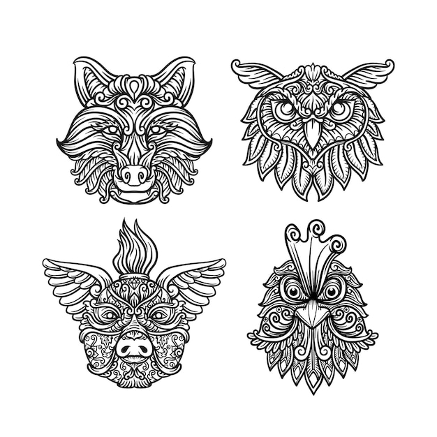 Set head of an animals Ornamental Black and white drawing Indian Mandala