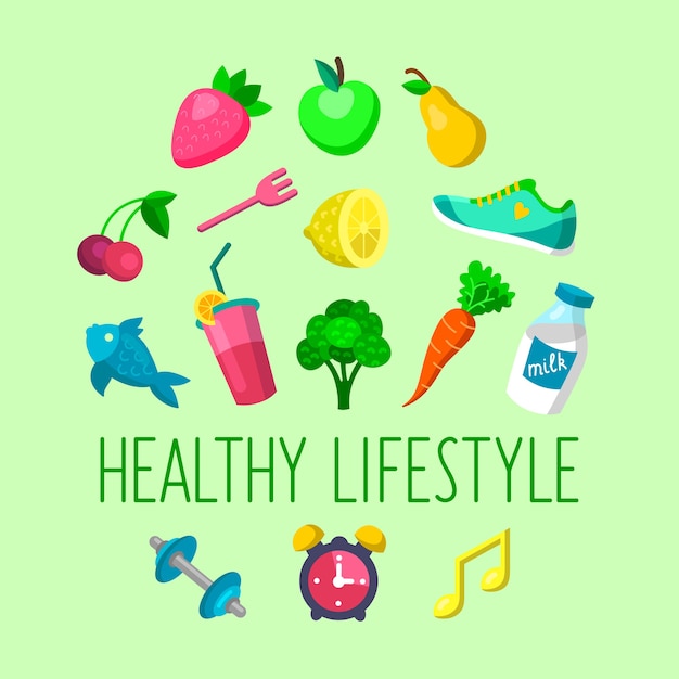 set of Healthy lifestyle icons in flat style.