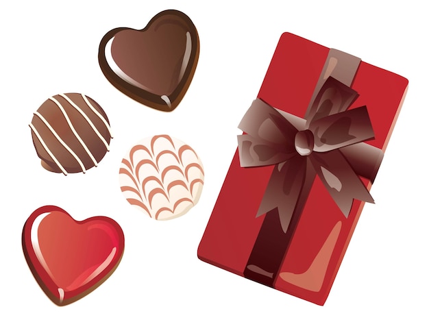 Vector set of the heart chocolates for valentine's day and red box with ribbon