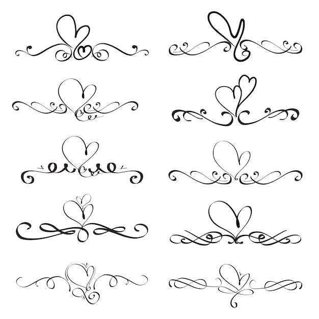 Set Of Heart Decorative Calligraphic Elements For Decoration.