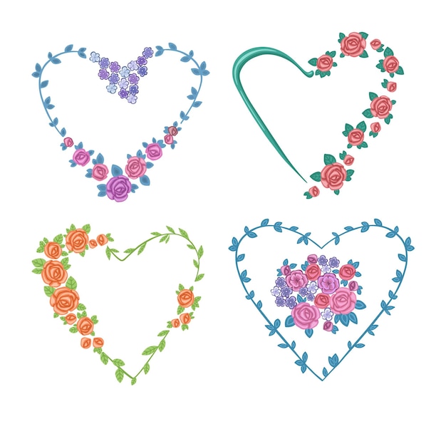 Vector set of heart frame from colored roses bouquets and grass vector illustration