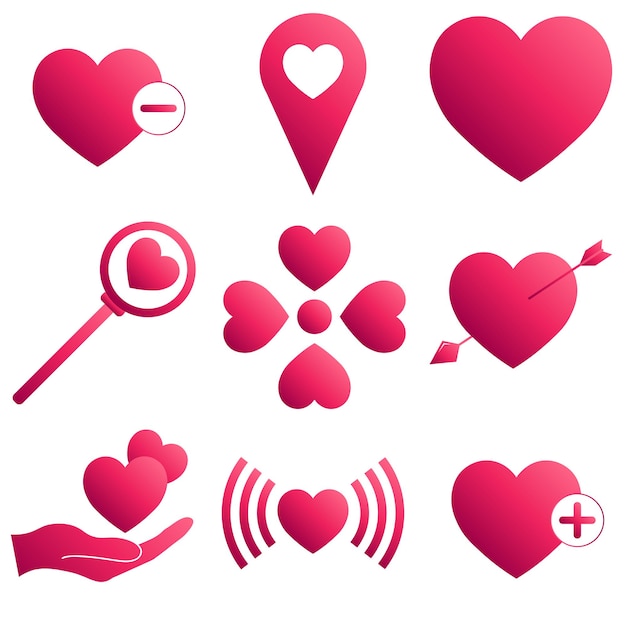 Set of heart icons with gradient pink color for St. Valentines Day. Love concept