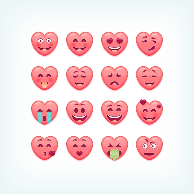 Set of heart shape emoticons.  romantic and valentines smileys, emojies.