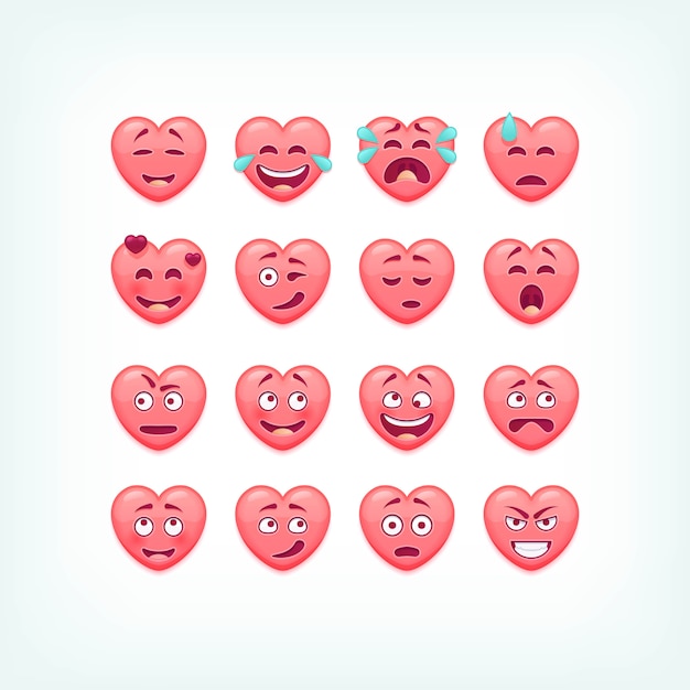 Set of heart shape emoticons.  romantic and valentines smileys, emojies.