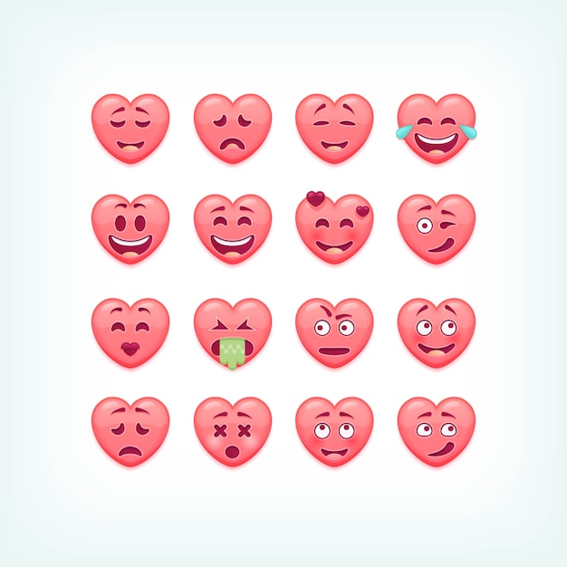 Set of heart shape emoticons.  romantic and valentines smileys, emojies.