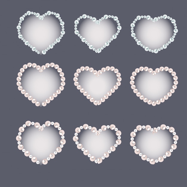 Set of heart shaped pearl frames isolated on gray 