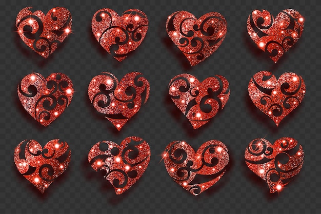 Set of heart symbols made of red sparkles with curls glares and shadows on transparent background