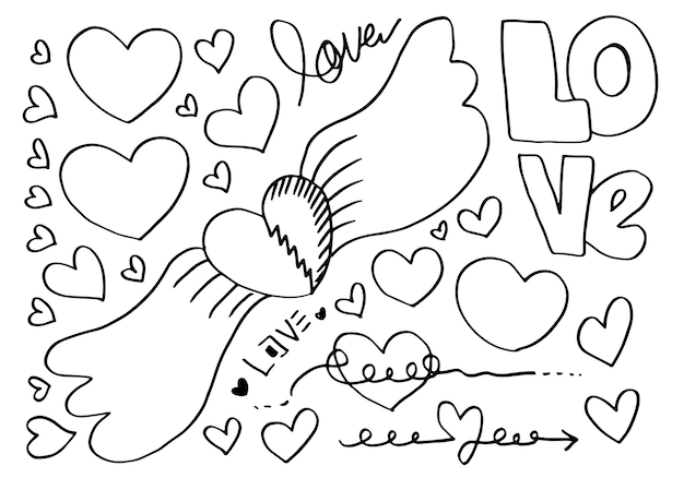 Set of heart vector icon in doodle design