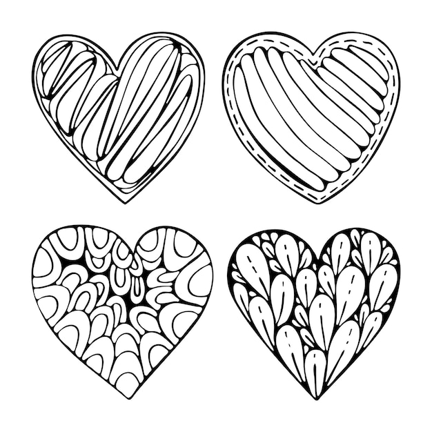 Set hearts doodle line art Romantic symbol of love with different patterns Hand drawn vector graphic black and white illustration