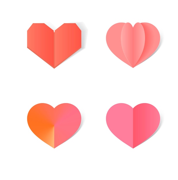 Set of hearts made of paper in origami style