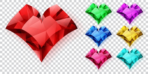 Set of hearts in various colors made of crystals