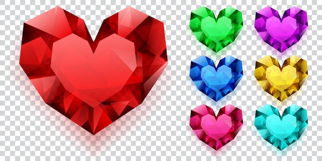 Set of hearts in various colors made of crystals