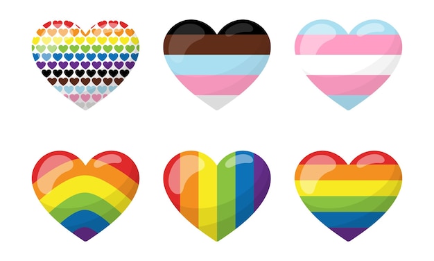 A set of heartshaped stickers in LGBT rainbow colors The transgender flag Vertical and horizontal stripes Vector illustration isolated on a white background