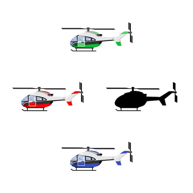 Set of helicopters isolated vector illustration color image and black silhouette white background