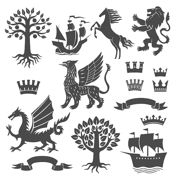 A set of heraldic symbols Lion horse dragon griffin ship tree