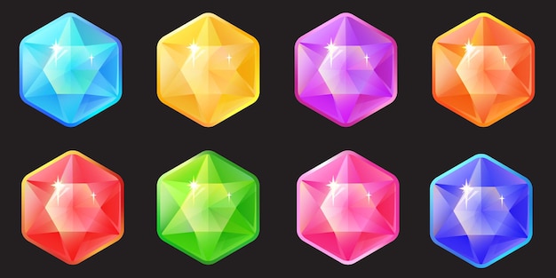 Set of hexagon shaped gems in various colors