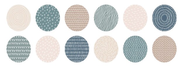 Vector set of highlight cover icons for social media pastel colors circles with doodle hand drawn texture