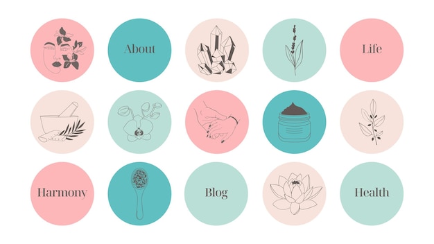 A set of highlights bright simple pink and blue icons for a blog about cosmetics medicine and mental health