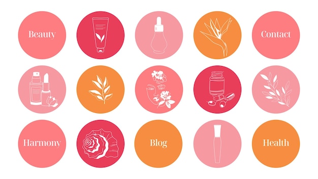 A set of highlights bright simple pink and orange icons for a blog about cosmetics medicine and mental health