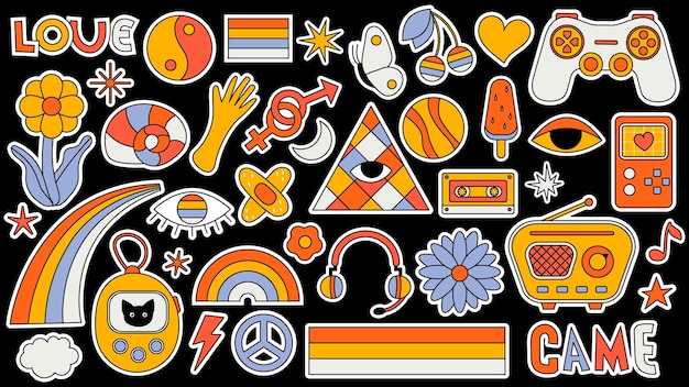 Set of hipster retro cool psychedelic elements Collection stickers of groovy cliparts from the 70s 60s Collage with trendy pop vibe with funky design element Abstract background of cartoon sticker