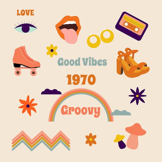 Set of hipster retro cool psychedelic elementsA collection graphics of groovy cliparts from the 70s