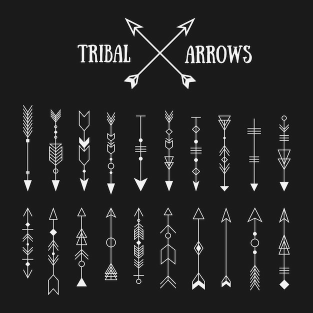 Set of hipster tribal arrows on chalkboard background. Line vintage vector design collection. Ethnic ink set.