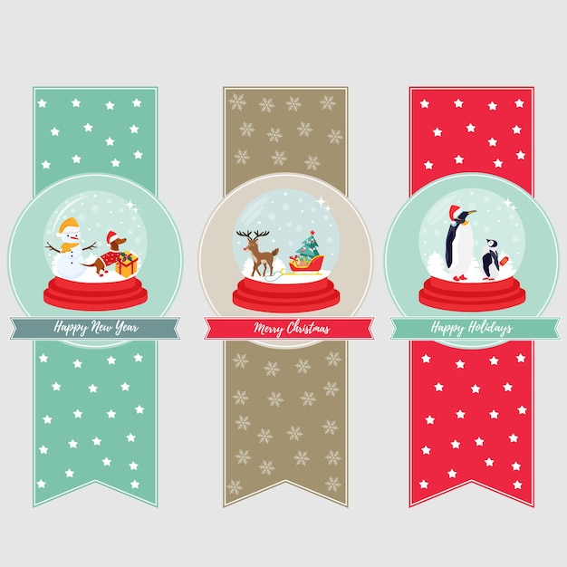 Set of holiday banners and bookmarks with snow balls and cute animals inside