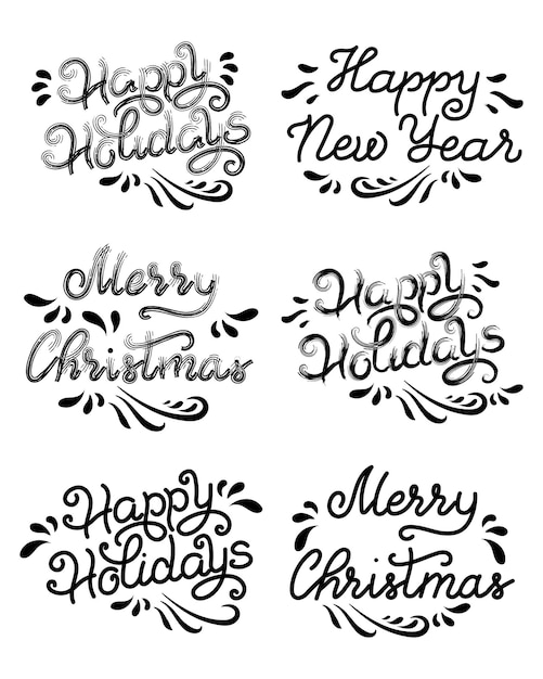 Set of holiday lettering with ornaments. Happy Holidays, Merry Christmas, Happy New Year. Templates