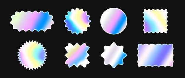 Vector set of holographic stickers iridescent hologram labels collection shiny rainbow foil elements bundle