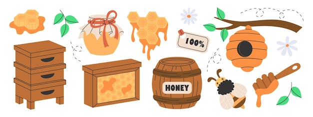 Set of honey production, beekeeping or apiculture attributes. Wooden beehive, honeycombs, sweets