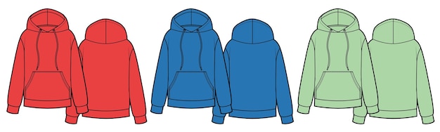 Set of hoodies with kangaroo pocket on front red green blue colors