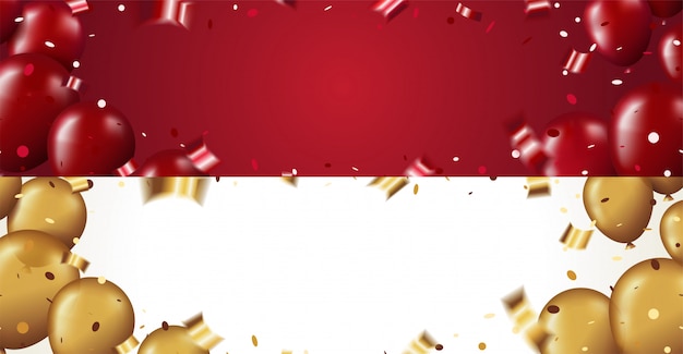 Set horizontal banner template with glossy red and golden balloons and confetti on background