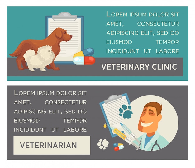 Set of horizontal banners. Pet care. Vet clinic. Flat design.