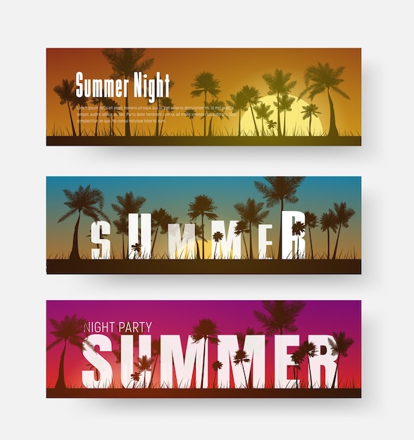 Set of horizontal banners with a summer sunset of different colors on the beach and text between palms.