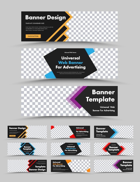 Vector set of horizontal black web banners with colored arrows, lines and rhombuses. templates with place for photo.