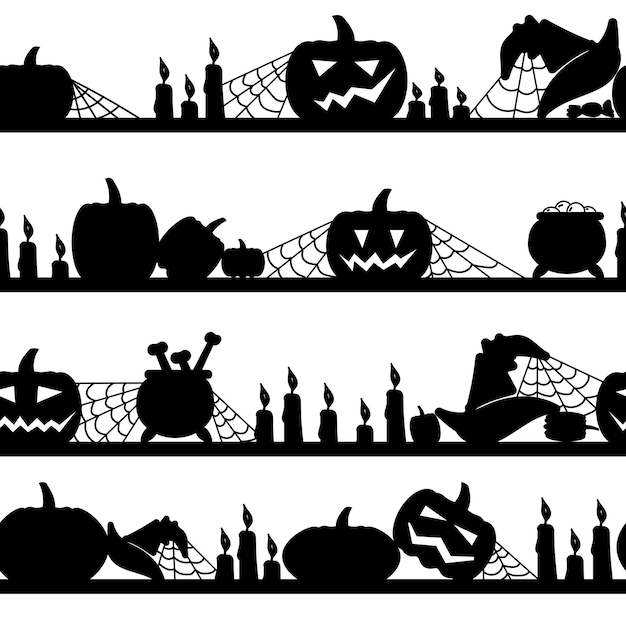 A set of horizontal borders on the theme of Halloween sivolic objects and attributes