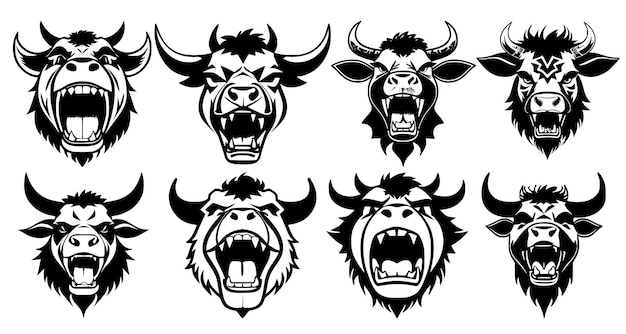 Set of horned cow heads with open mouth and bared fangs with different angry expressions of the muzzle Symbols for tattoo emblem or logo isolated on a white background