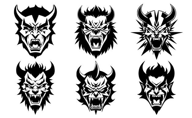 Set of horned devil heads with open mouth and bared teeth with different angry expressions of the muzzle Symbols for tattoo emblem or logo isolated on a white background