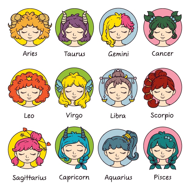 Set of horoscope signs as women.