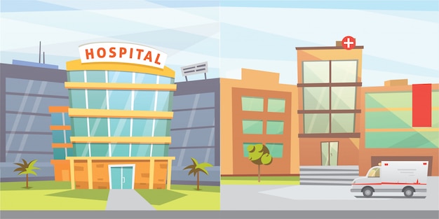 Set Hospital building cartoon modern  illustration. Medical Clinic building and city background. Emergency room exterior