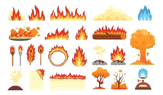 Set of hot flaming elements.  collection of fire flame icons in cartoon style.